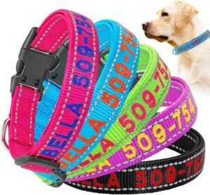 Collar reflectante personalizado para perro con nombre y número de teléfono bordados, ajustable, con hebilla de liberación rápida y anilla en D, ideal para seguridad y control de perros pequeños, medianos y grandes
