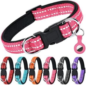 Collar para perro de nylon reflectante color rosa rojo con forro de neopreno acolchado, ajustable, con hebilla de liberación rápida y doble anilla en D para perros pequeños, medianos y grandes talla S