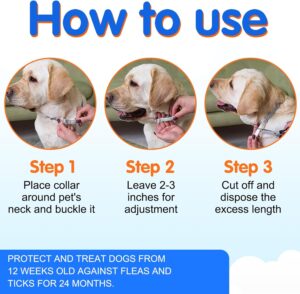 Detalle del cierre ajustable de collar antipulgas impermeable para adaptarse al cuello de perros medianos y cachorros.