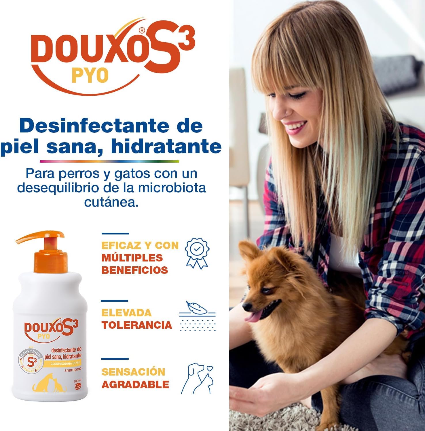 Champú antiséptico e hidratante DOUXO S3 Pyo de 200ml para el cuidado de la piel de perros y gatos.