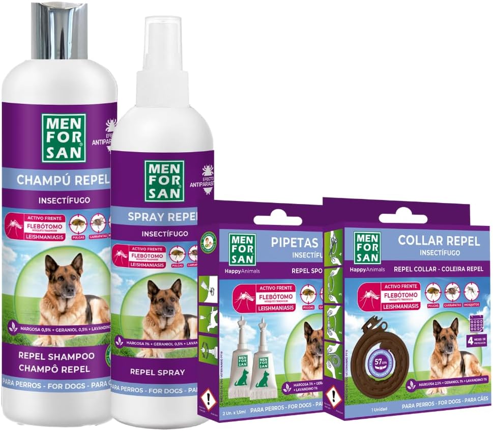 Pack antiparasitario MENFORSAN para perros con collar, champú, spray y pipetas repelentes