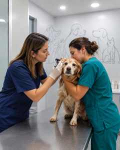 Ginebra siendo examinada por dos veterinarias durante una revisión clínica