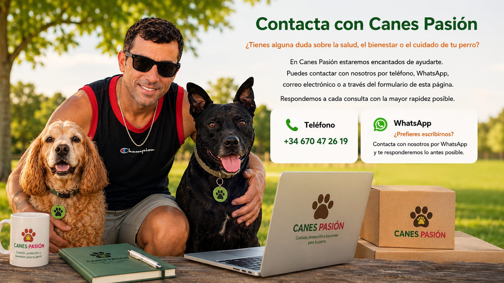 Daniel junto a sus perros Tayro y Ginebra invitando a contactar con Canes Pasión para resolver dudas sobre la salud, el bienestar y el cuidado de los perros.