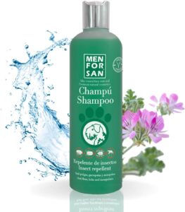 Botella de champú MENFORSAN antiparasitario para perros con citronela, ayuda a repeler pulgas e insectos.