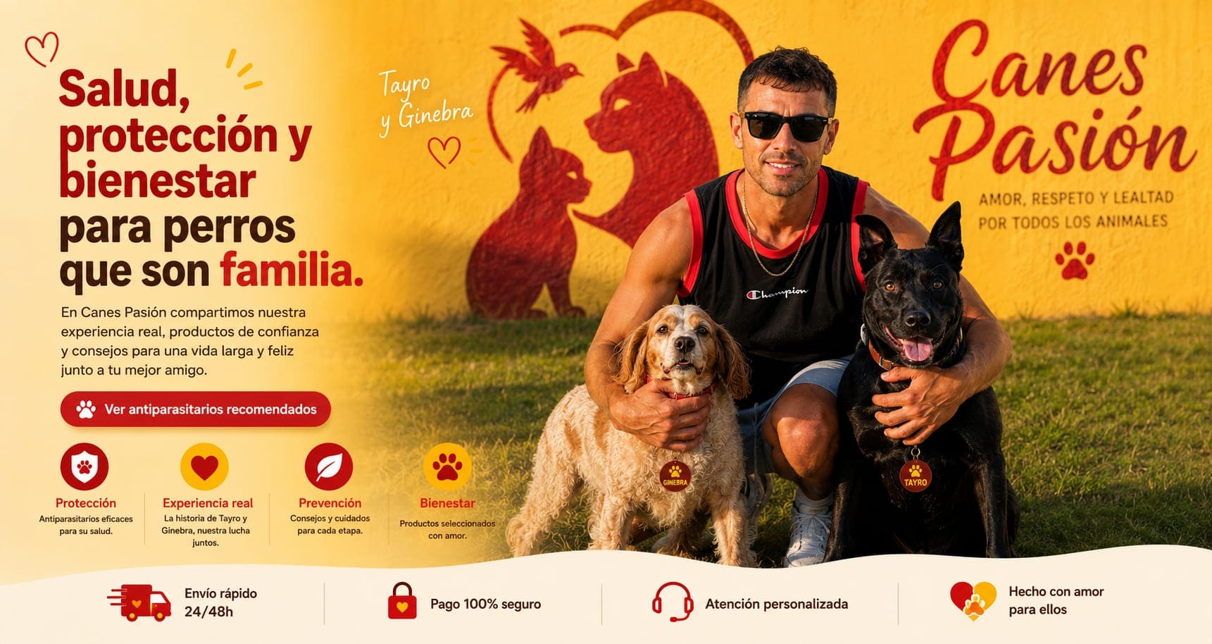 Daniel fundador de Canes pasión junto con sus perros, Tayro y Ginebra