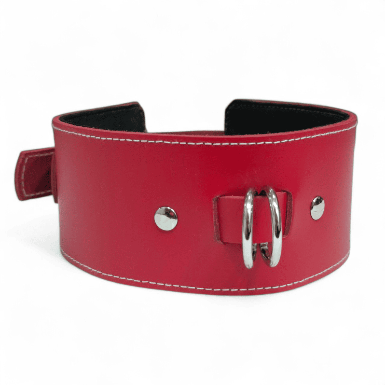 Collar de cuero rojo artesanal ancho y acolchado de alta visibilidad para galgos y perros grandes.