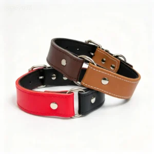 Collar de cuero bicolor personalizable en tonos rojo, negro, marrón y camel para perros.
