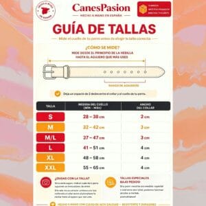 Guía de tallas de collares para perros CanesPasion con tabla de medidas en centímetros desde la talla S hasta la XXL.