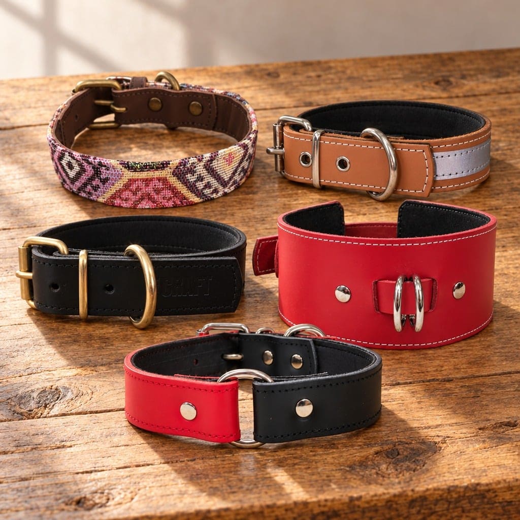 Variedad de collares para perros de Canes Pasión sobre una mesa de madera, que incluye un modelo textil étnico multicolor, diseños de cuero en color negro y rojo, y un collar marrón con banda reflectante.